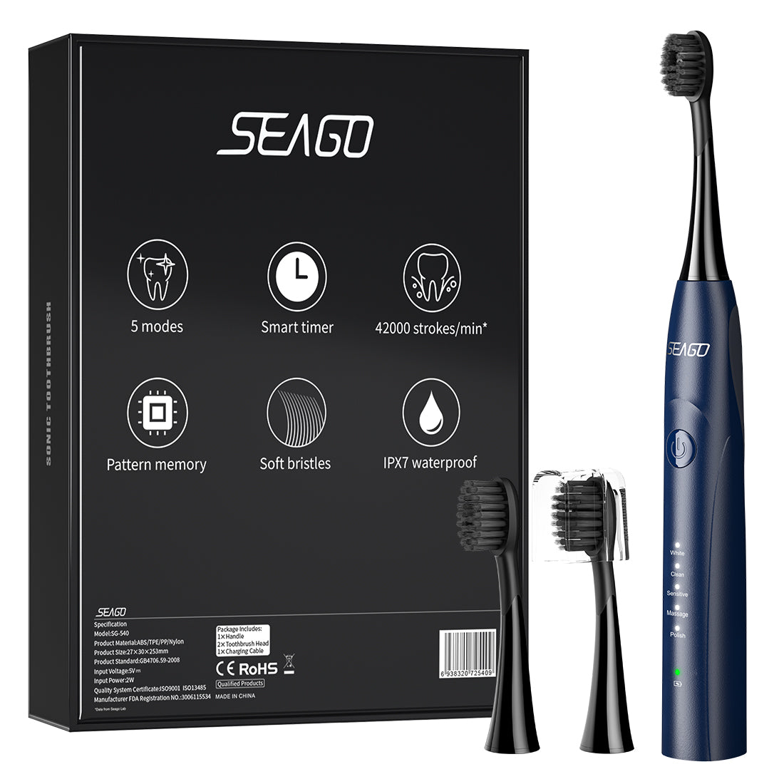 Seago SG-540 Electric Toothbrush, Sonic Vibration Five-mode Power Toothbrushes Rechargeable for Adult Children, Soft Hair Electric Toothbrush