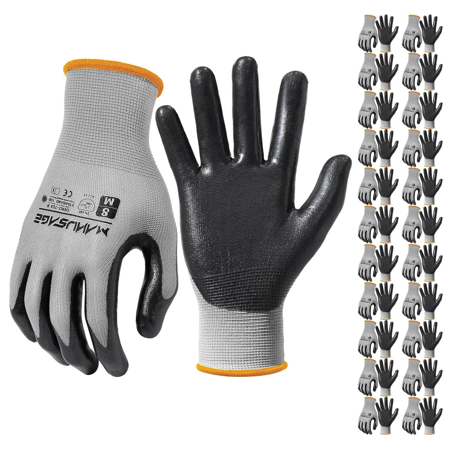 Manusage Safety Work Gloves, 3D Comfort Stretch Fit, Powerful Grip, Touchscreen, Durable Smooth Nitrile Coated, Flexible, Lightweight, Machine Washable, Size-L Grey 24 Pairs