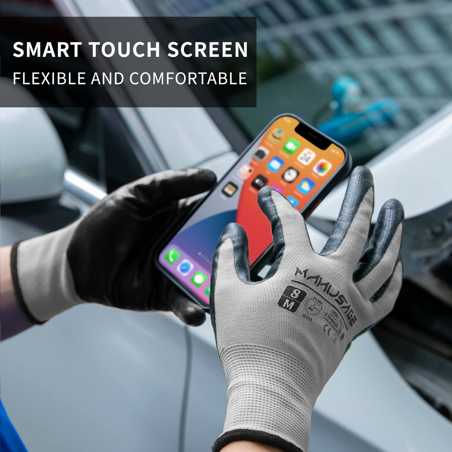 Manusage Safety Work Gloves, 3D Comfort Stretch Fit, Powerful Grip, Touchscreen, Durable Smooth Nitrile Coated, Flexible, Lightweight, Machine Washable, Size-L Grey 24 Pairs