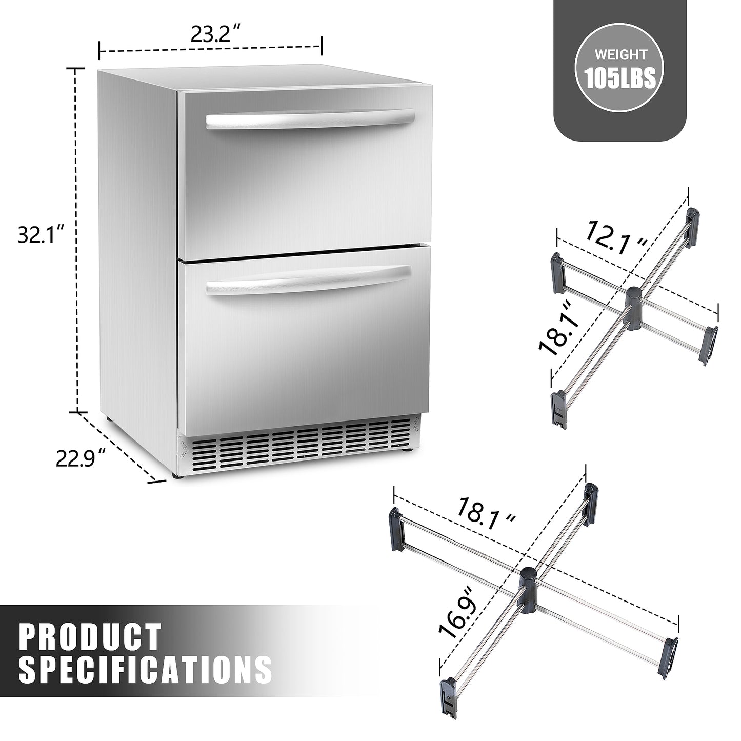 ICEJUNGLE 24 inch Undercounter Refrigerator, Outdoor Fridge for Patio, Wine and Beverage Refrigerator, Drawer Refrigerator Under Counter Fridge Ideal for Home and Commercial