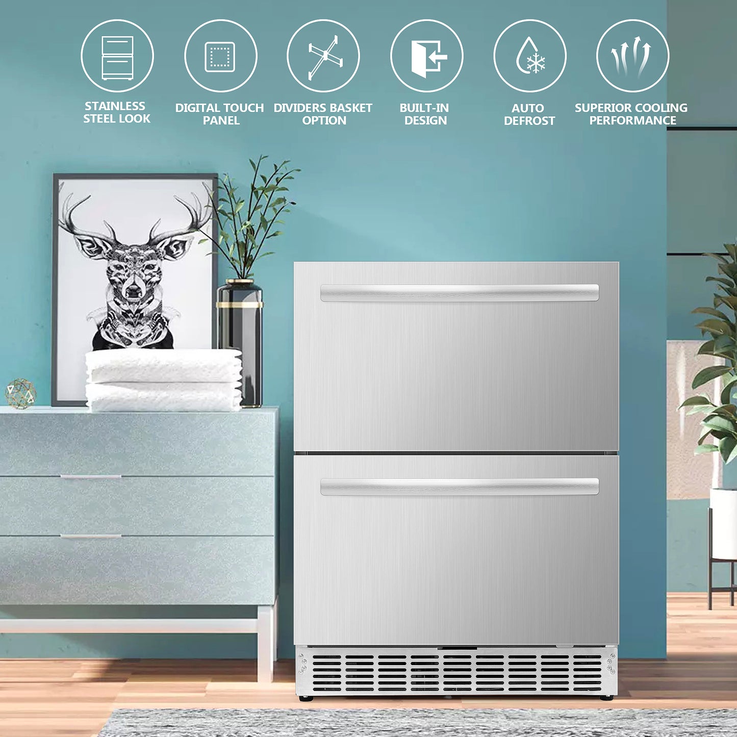 ICEJUNGLE 24 inch Undercounter Refrigerator, Outdoor Fridge for Patio, Wine and Beverage Refrigerator, Drawer Refrigerator Under Counter Fridge Ideal for Home and Commercial