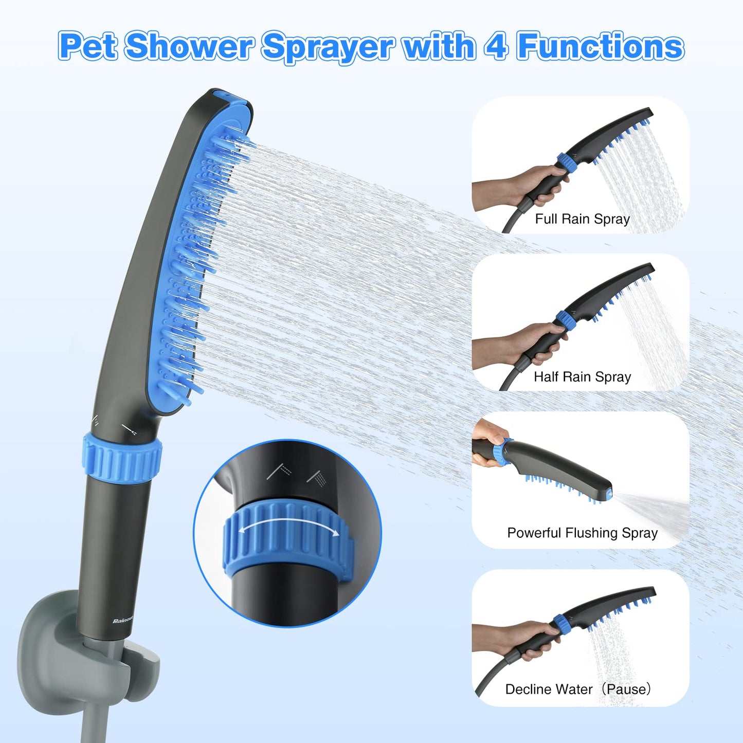 RAINOVO Dog Shower Attachment: Pet Shower Sprayer Attachment with Long Hose Dog Shower Head Attachment for Dog Bathing and Cleaning, Black