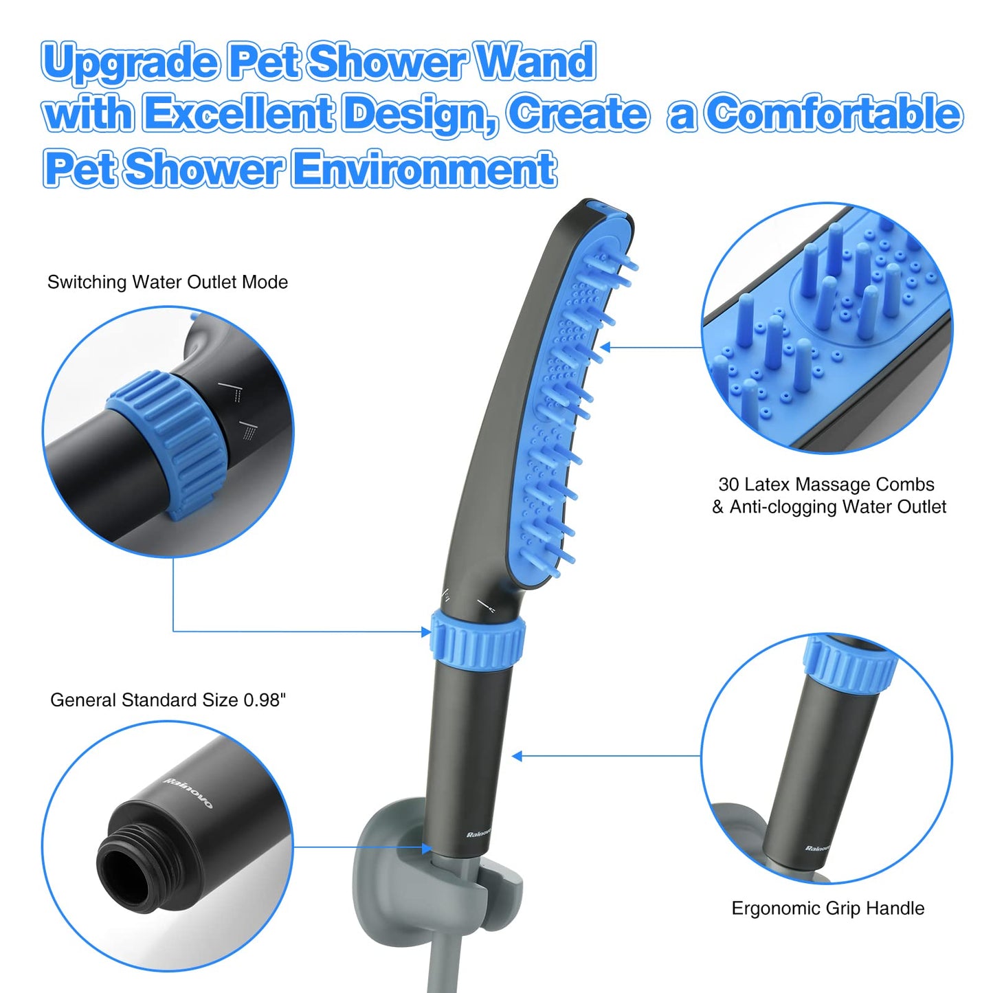 RAINOVO Dog Shower Attachment: Pet Shower Sprayer Attachment with Long Hose Dog Shower Head Attachment for Dog Bathing and Cleaning, Black